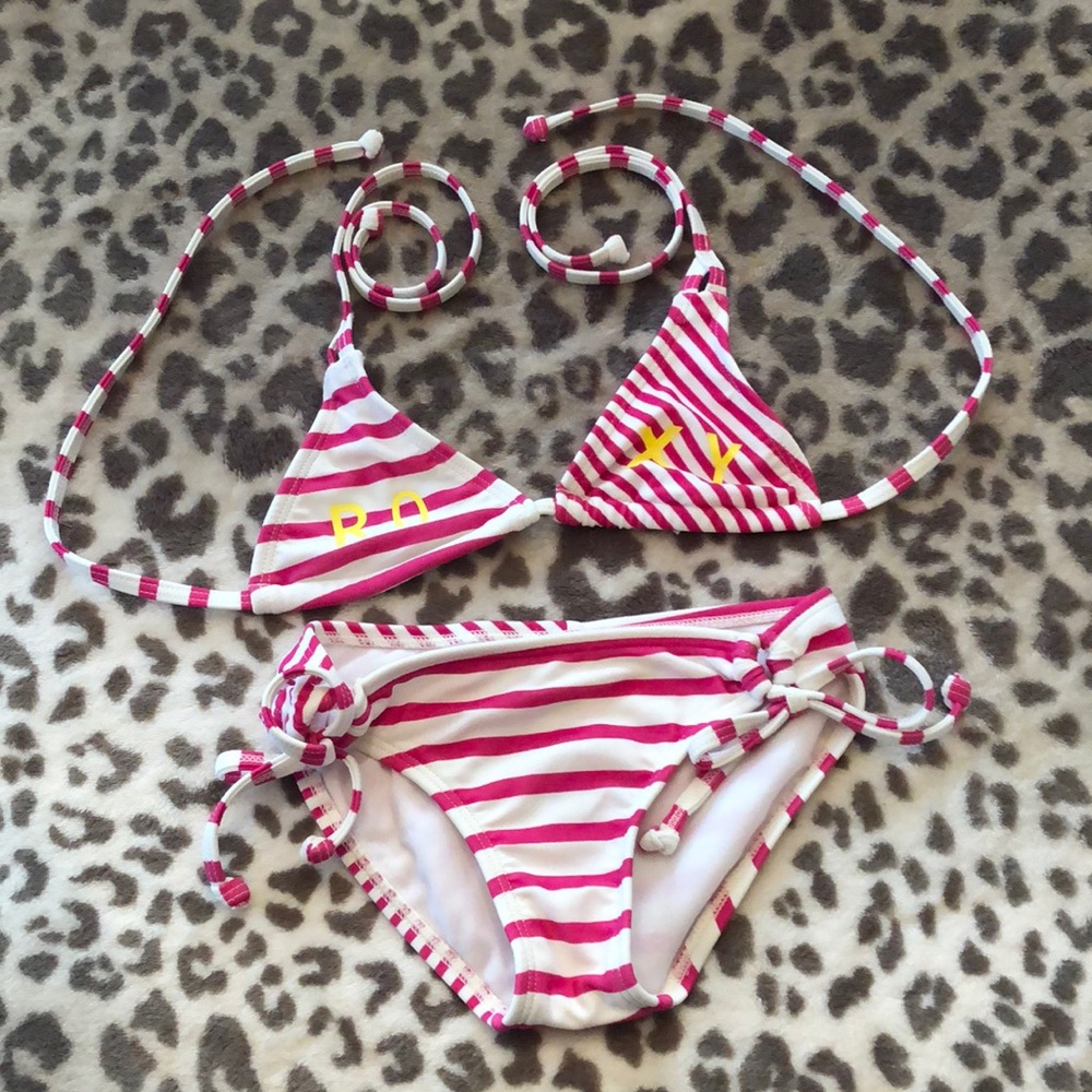 Roxy Girls Triangle String Bikini in Raspberry Pink Stripe Size 5